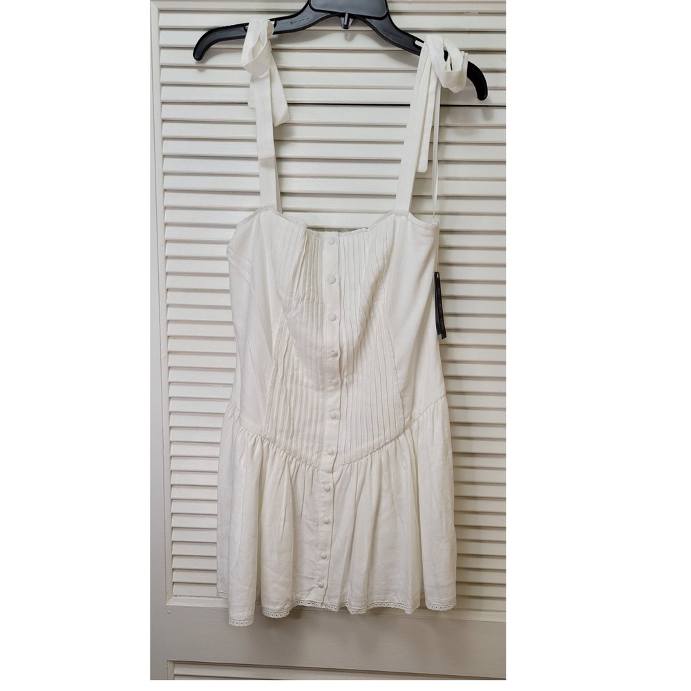 Pleated Mini Dress M Seni & Cade White Crisp Rayon Linen Tie Shoulder